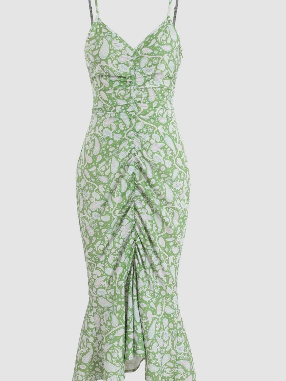 Green Paisley Ruched Spaghetti-Strap Dress